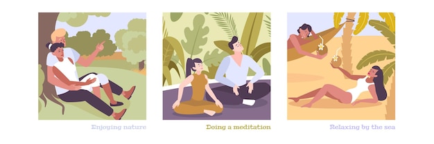 flat illustrations with people enjoying nature doing meditation and relaxing by sea