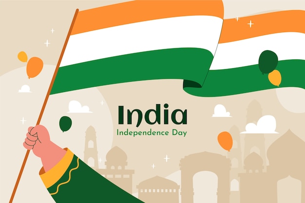 Flat india independence day background with hand holding flag