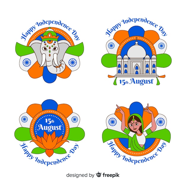 Free vector flat india independence day badge collection