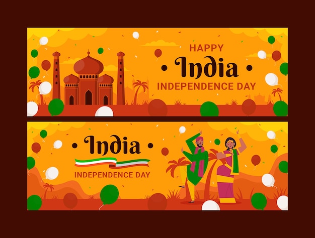 Flat india independence day horizontal banners set