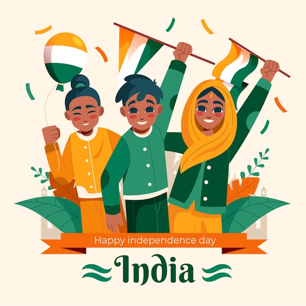 Free Vector flat india independence day illustration with people holding flags