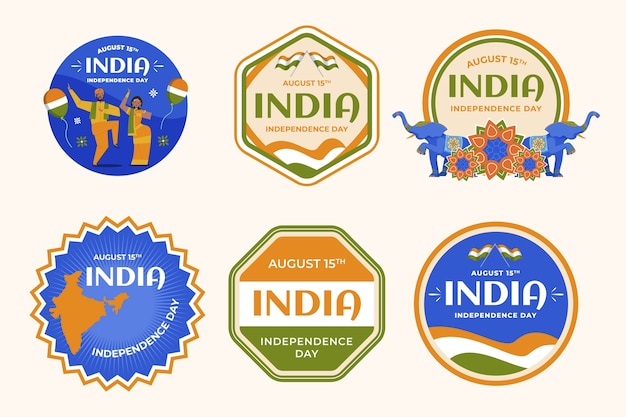 Flat india independence day labels collection