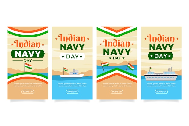 Free vector flat indian navy day instagram stories collection