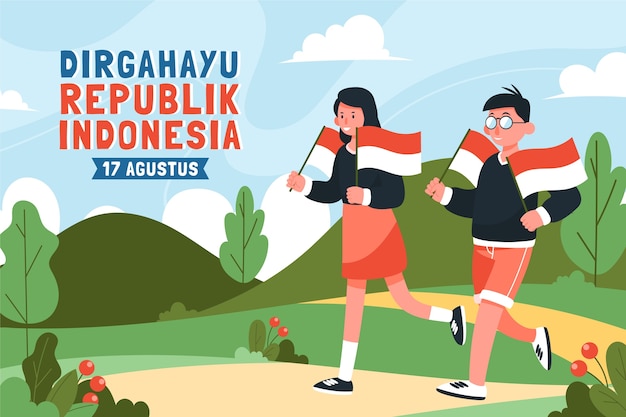 Flat indonesia independence day background with people running and holding flags