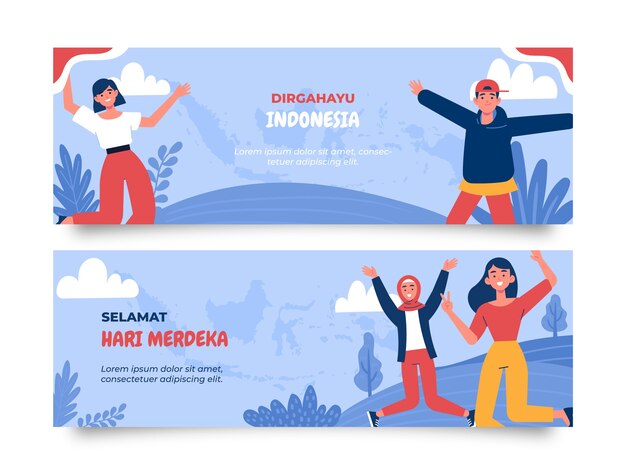 Flat indonesia independence day horizontal banners set