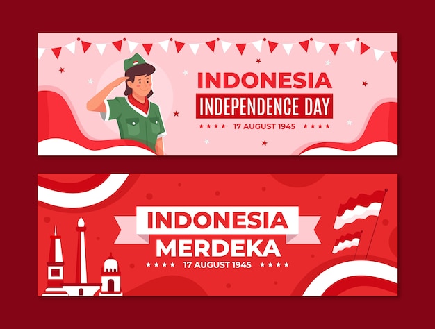 Flat indonesia independence day horizontal banners set