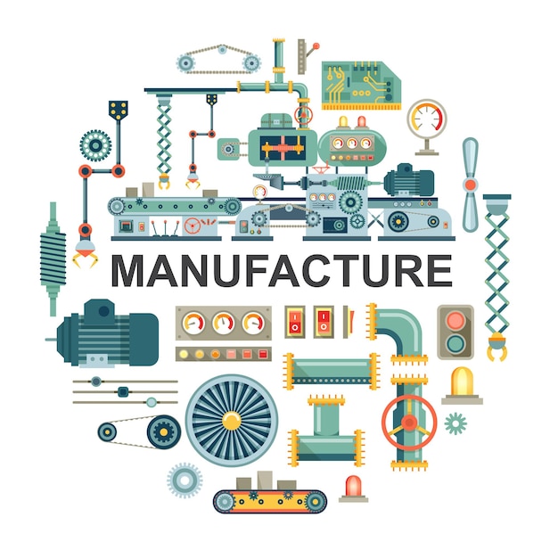 Flat industrial round concept with different parts and components of conveyor belt  illustration