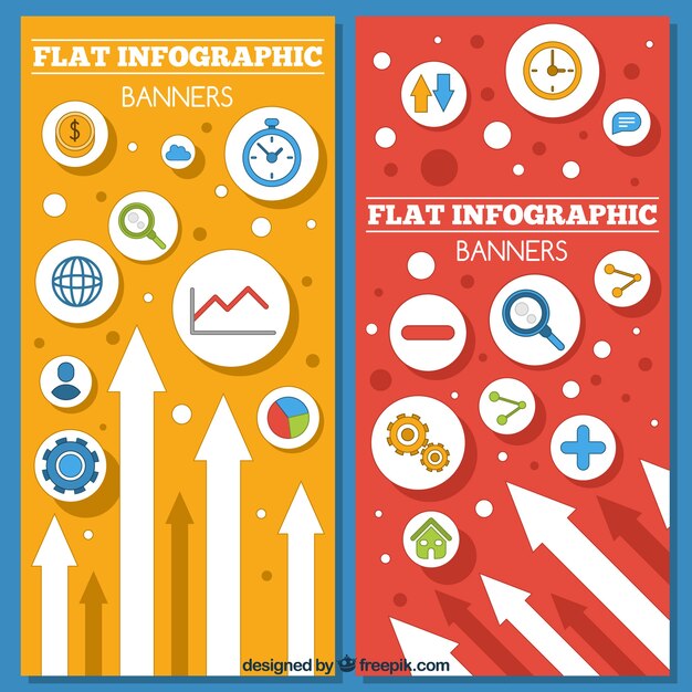 Flat infographic banners with variety of items and white arrows