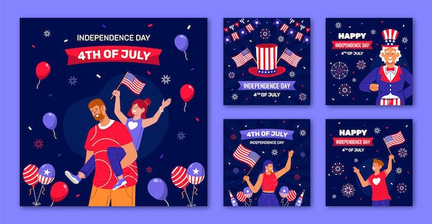 Free Vector flat instagram posts collection for american 4th of july celebration