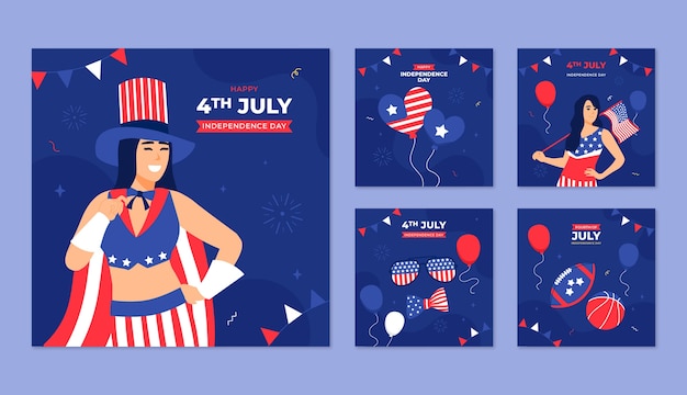 Free Vector flat instagram posts collection for american 4th of july holiday celebration