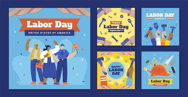 Flat instagram posts collection for american labor day celebration