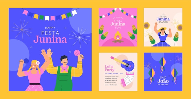 Free Vector flat instagram posts collection for brazilian festas juninas celebrations