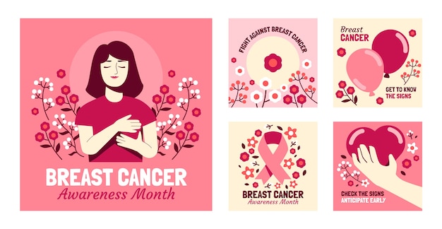 Free Vector flat instagram posts collection for breast cancer awareness month