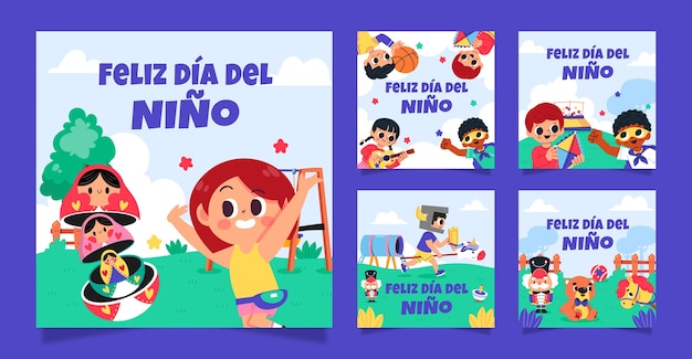 Free Vector flat instagram posts collection for children's day celebration in spanish