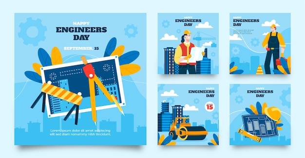 Free vector flat instagram posts collection for engineers day