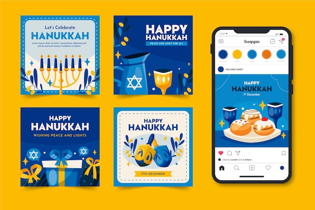 Free Vector flat instagram posts collection for hanukkah celebration