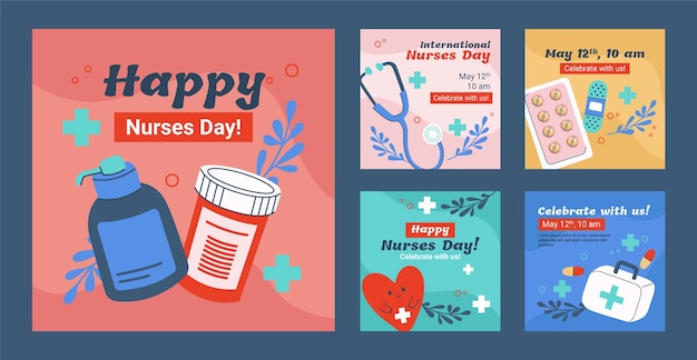 Free vector flat instagram posts collection for international nurses day celebration