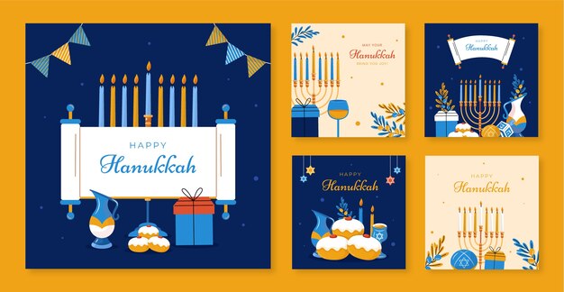 Free vector flat instagram posts collection for jewish hanukkah holiday