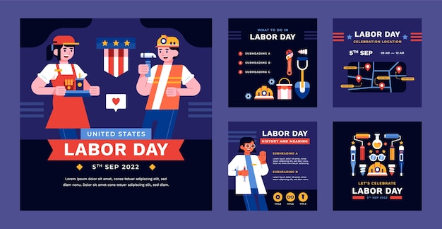 Flat instagram posts collection for labor day celebration