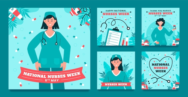 Free vector flat instagram posts collection for national nurses week