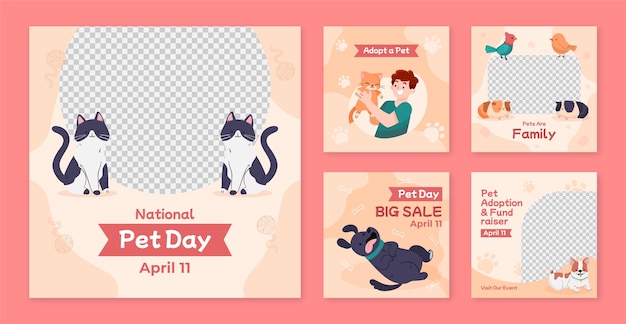 Free Vector flat instagram posts collection for national pet day with animals