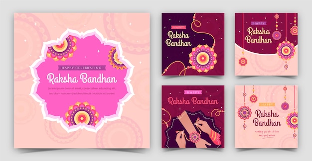 Free Vector flat instagram posts collection for raksha bandhan festival celebration