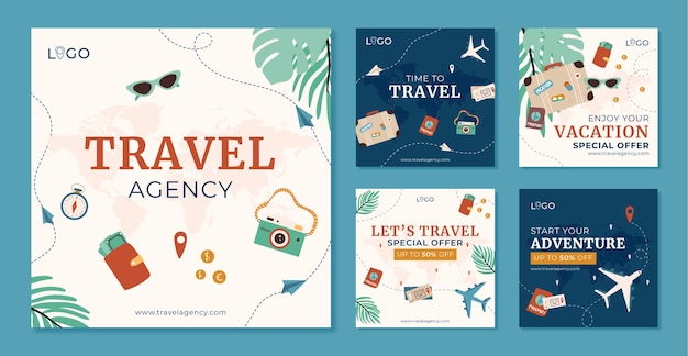 Flat instagram posts collection for travel agency