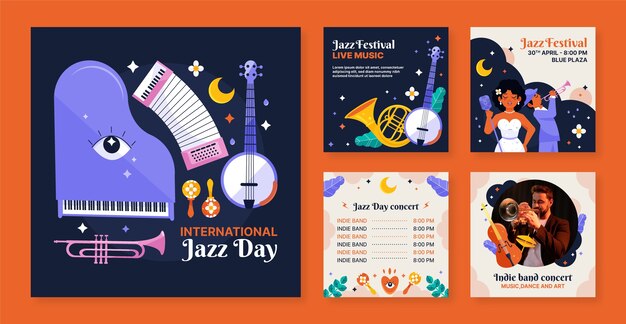 Flat instagram posts collection for world jazz day music celebration