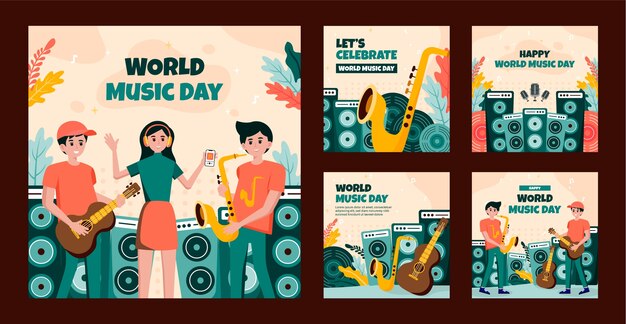 Free vector flat instagram posts collection for world music day celebration