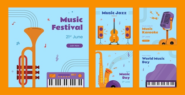 Flat instagram posts collection for world music day celebration