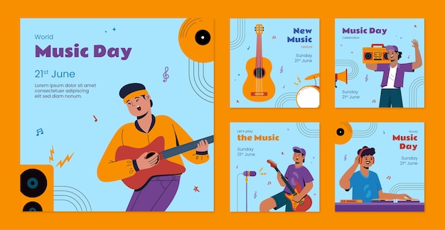 Free Vector flat instagram posts collection for world music day celebration