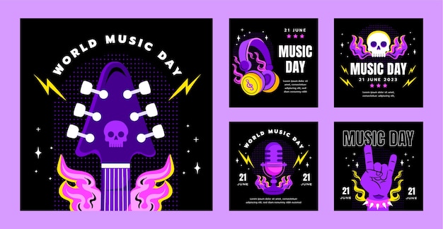 Free Vector flat instagram posts collection for world music day celebration