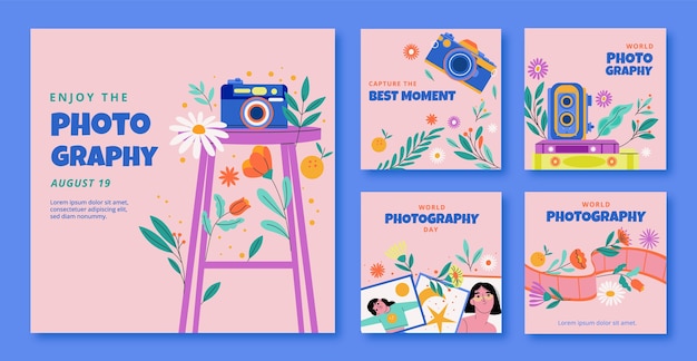 Free Vector flat instagram posts collection for world photography day celebration