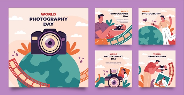 Free Vector flat instagram posts collection for world photography day