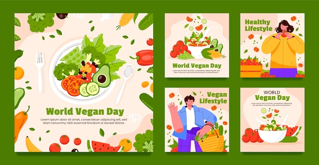 Free Vector flat instagram posts collection for world vegan day celebration