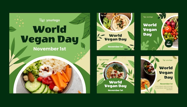 Free Vector flat instagram posts collection for world vegan day celebration