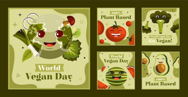 Free Vector flat instagram posts collection for world vegan day event