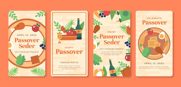 Free vector flat instagram stories collection for jewish passover celebration