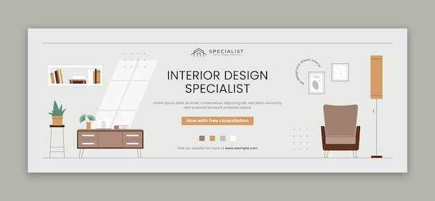 Flat interior design and home decor social media cover template