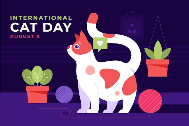 Free Vector flat international cat day background with cat and plants