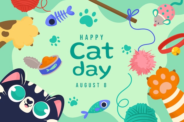 Free Vector flat international cat day background with cat and toys