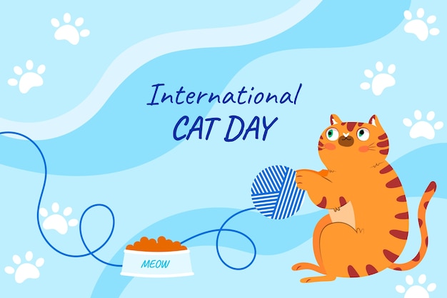 Free Vector flat international cat day background with cat and yarn