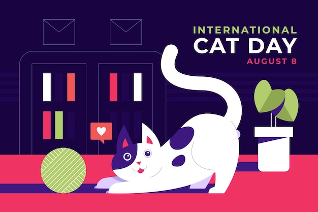 Free Vector flat international cat day background with cat and yarn