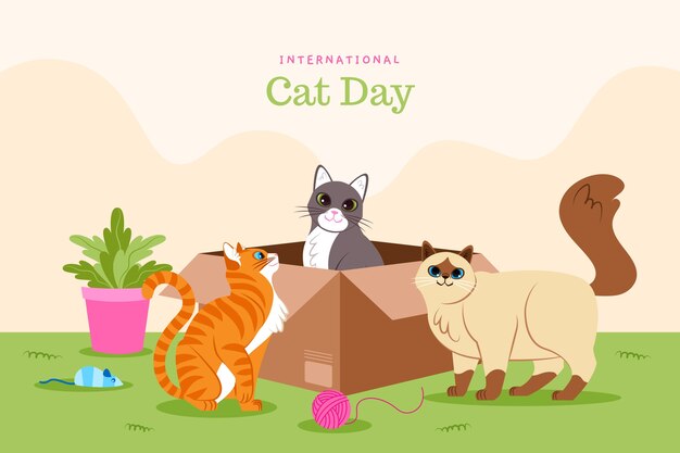 Flat international cat day background with cats and box