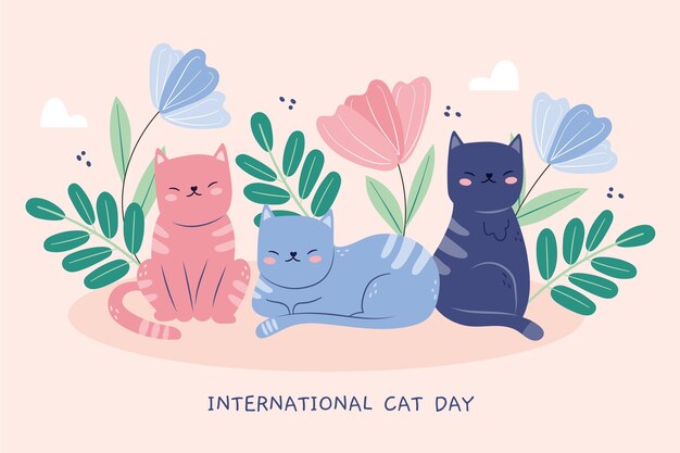 Flat international cat day background with cats and leaves