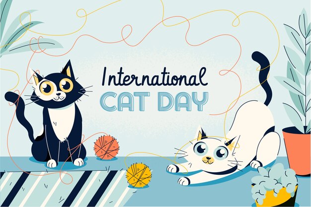 Flat international cat day background with cats and yarn