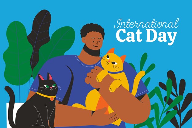 Flat international cat day background with male cat owner