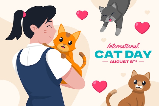 Free Vector flat international cat day background with woman and cats