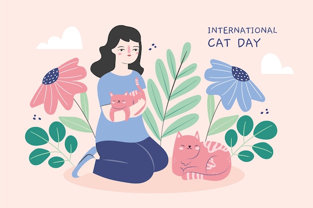 Flat international cat day background with woman and cats