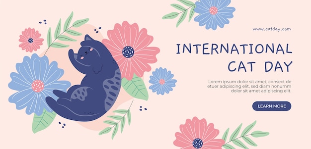 Free vector flat international cat day horizontal banner template with cat and flowers